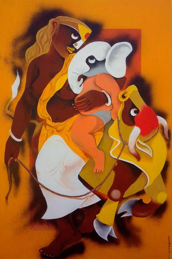 Religious acrylic painting titled 'Village Family', 36x24 inches, by artist Uttam Manna on Canvas