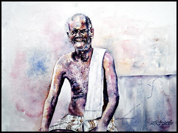 Figurative watercolor painting titled 'Village Farmer', 15x11 inches, by artist SRV ARTIST on Handmade Paper