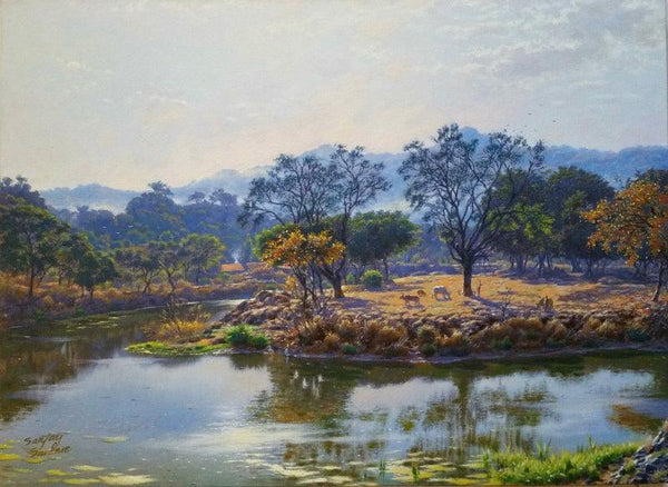 Realistic oil painting titled 'Village Ghodbander', 21x15 inches, by artist Sanjay Sarfare on Canvas