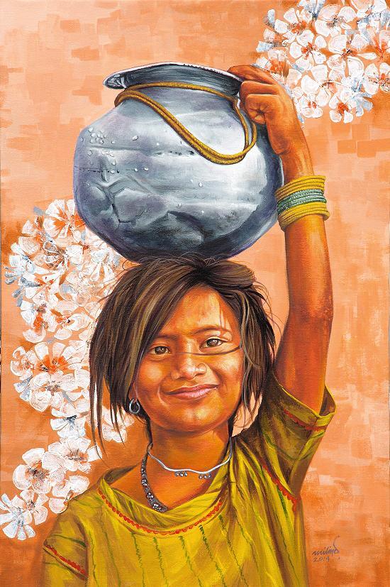 Realistic acrylic painting titled 'Village Girl', 36x24 inches, by artist Milind Varangaonkar on Canvas