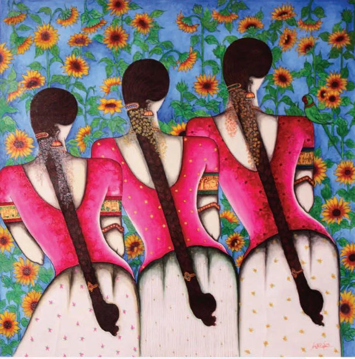 Figurative acrylic painting titled 'Village Girls', 36x36 inch, by artist Kappari Kishan on Canvas