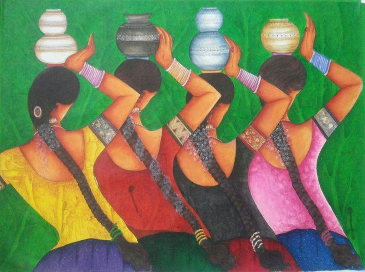 Figurative acrylic painting titled 'Village Girls', 29x39 inches, by artist Kappari Kishan on Canvas