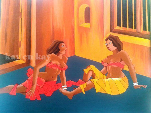 Realistic acrylic painting titled 'Village Harlots', 36x30 inches, by artist Narayanankutty Kasthuril on Canvas Board