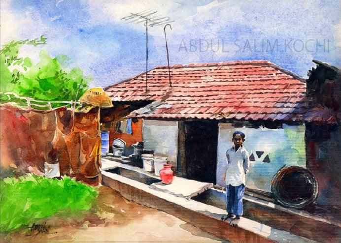 Landscape watercolor painting titled 'Village House 3', 9x12 inches, by artist Abdul Salim on Paper