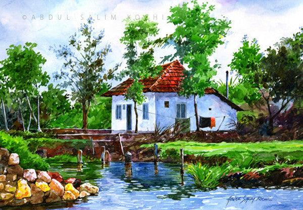 Landscape watercolor painting titled 'Village House', 15x22 inches, by artist Abdul Salim on Paper