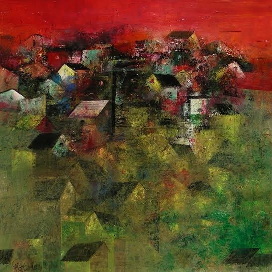 Abstract acrylic painting titled 'Village Houses', 24x24 inches, by artist M Singh on Canvas