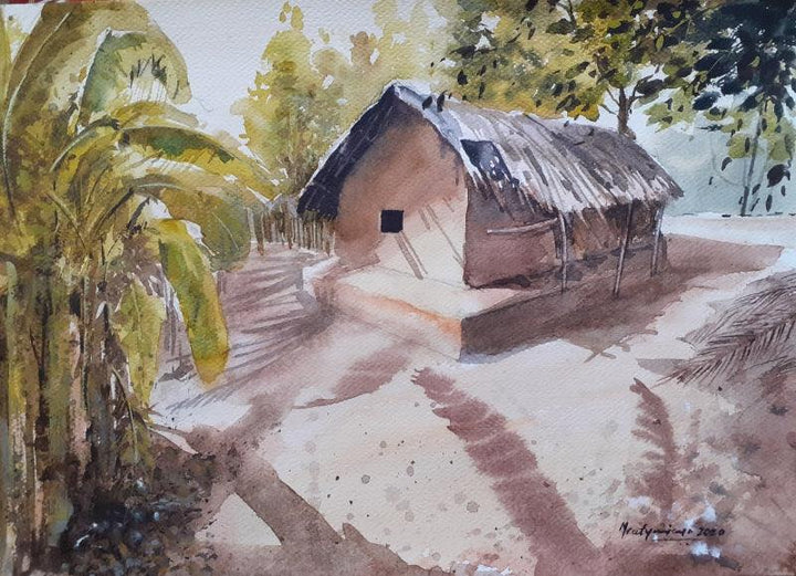 Landscape watercolor painting titled 'Village hut in Odisha', 16x12 inches, by artist Mrutyunjaya Dash on paper