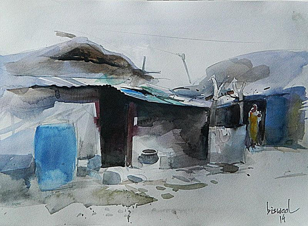 Cityscape watercolor painting titled 'Village III', 11x16 inches, by artist Bijay Biswaal on Paper