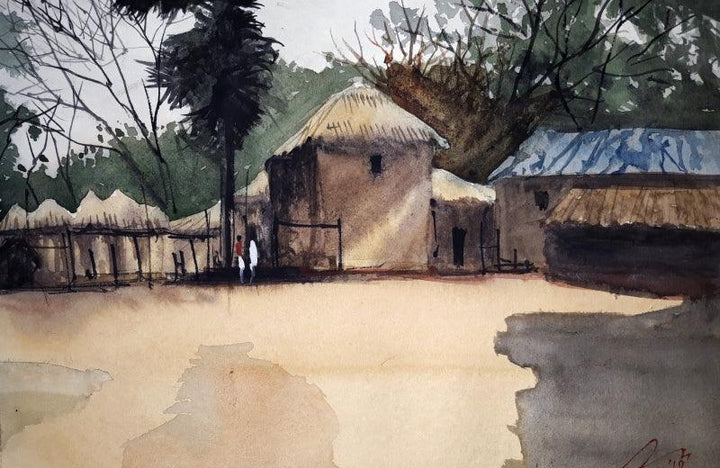 Cityscape watercolor painting titled 'Village In Bengal', 8x11 inches, by artist Arunava Ray on Paper