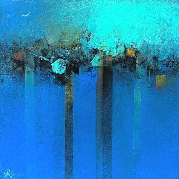 Abstract acrylic painting titled 'Village In Blue', 24x24 inches, by artist M Singh on Canvas