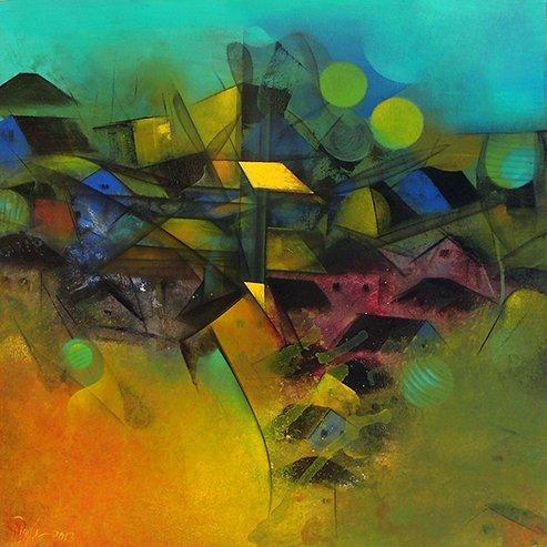 Abstract acrylic painting titled 'Village In My Dream', 24x24 inches, by artist M Singh on Canvas