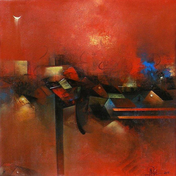 Abstract acrylic painting titled 'Village In Red', 24x24 inches, by artist M Singh on Canvas