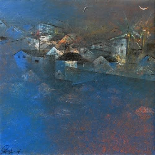 Abstract acrylic painting titled 'Village In The Night', 24x24 inches, by artist M Singh on Canvas