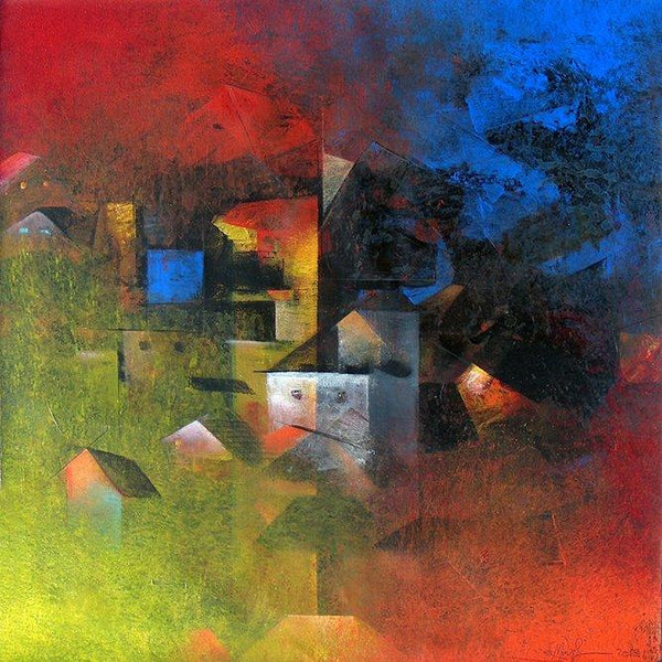 Abstract acrylic painting titled 'Village in the Night Fog', 24x24 inches, by artist M Singh on Canvas