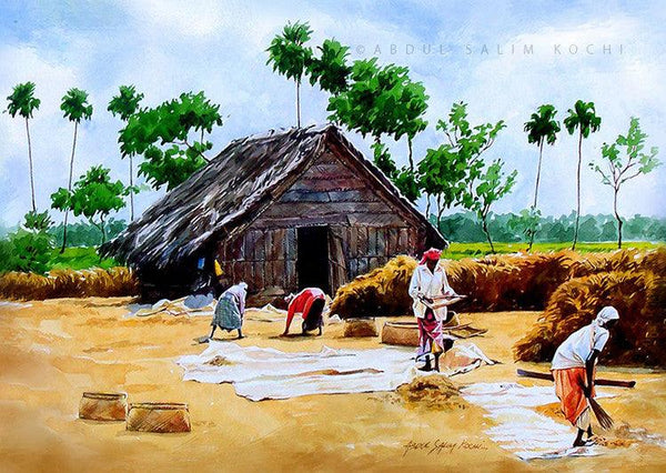 Cityscape watercolor painting titled 'Village Kerala', 11x14 inches, by artist Abdul Salim on Paper