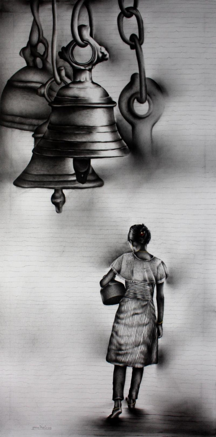 Religious charcoal painting titled 'Village Lady', 48x24 inches, by artist Yuvraj Patil on Canvas