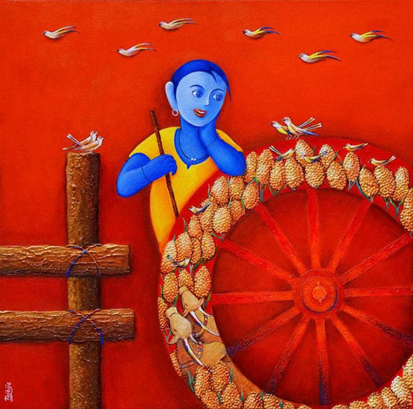 Figurative acrylic painting titled 'Village Life 1', 24x24 inches, by artist Chandrakant Tajbije on Canvas