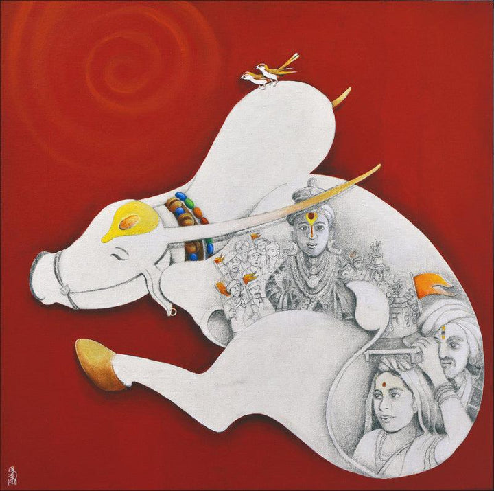 Religious acrylic painting titled 'Village Life 5', 24x24 inches, by artist Chandrakant Tajbije on Canvas