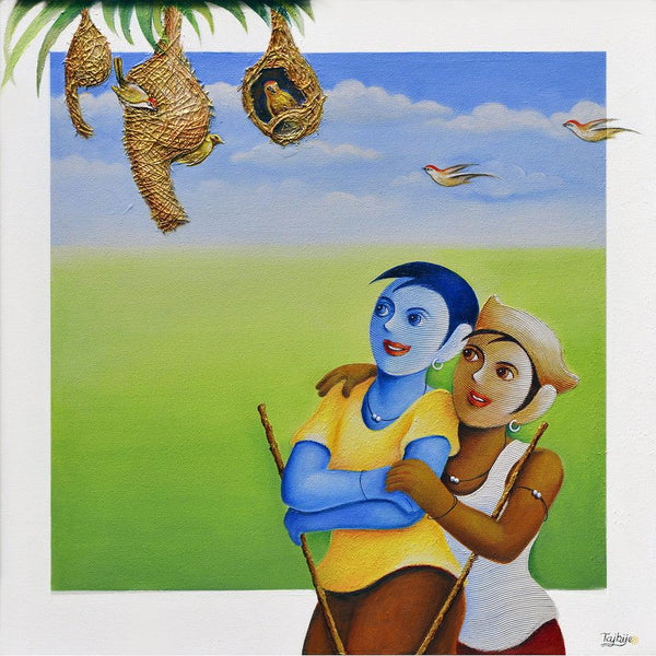 Figurative acrylic painting titled 'Village Life 8', 24x24 inches, by artist Chandrakant Tajbije on Canvas