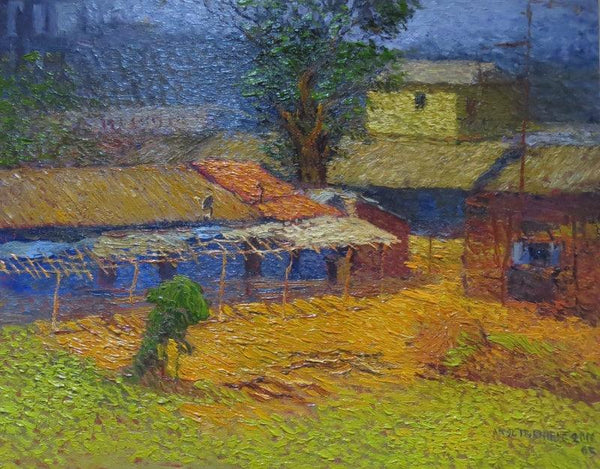 Landscape watercolor painting titled 'Village Morning', 30x24 inches, by artist Amol Dubhele on Paper