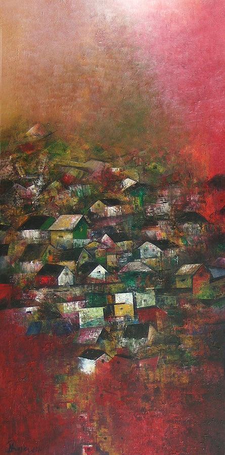 Abstract acrylic painting titled 'Village Of My Dreams 11', 48x24 inches, by artist M Singh on Canvas