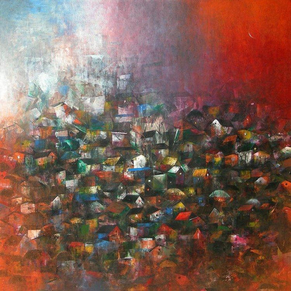 Abstract acrylic painting titled 'Village Of My Dreams', 48x48 inches, by artist M Singh on Canvas