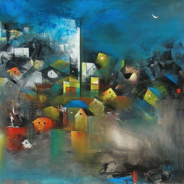 Abstract acrylic painting titled 'Village Of My Dreams I', 30x30 inches, by artist M Singh on Canvas