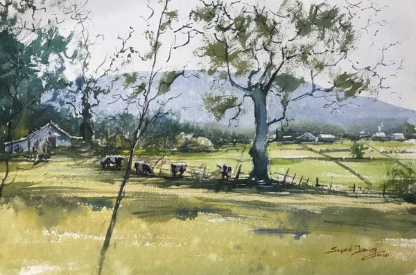 Landscape watercolor painting titled 'Village of Soothing Green', 14x20 inches, by artist KS Farvez on Paper