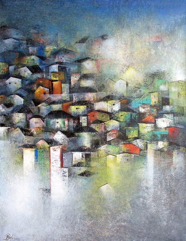 Abstract acrylic painting titled 'Village Of Your And My Dreams', 46x36 inches, by artist M Singh on Canvas