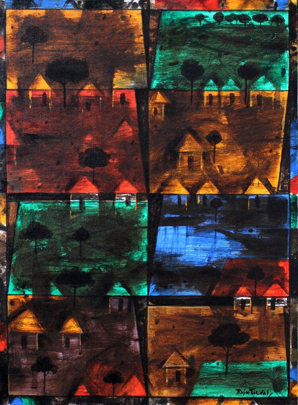 Figurative acrylic painting titled 'Village On Night 2', 12x16 inches, by artist Raju Terdals on Canvas