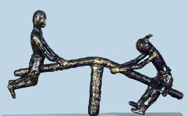 Figurative sculpture titled 'Village Play 2', 17x12x4 inches, by artist Kishor Sharma on Bronze