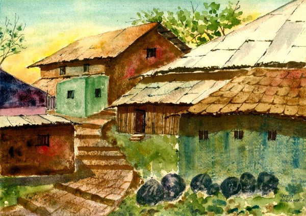 Landscape watercolor painting titled 'Village Roofs', 10x14 inches, by artist Ramessh Barpande on Paper