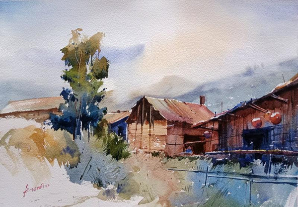 Landscape watercolor painting titled 'Village scape', 20x14 inches, by artist Prasanta Maiti on Paper