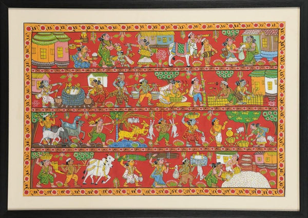 Folk Art cheriyal traditional art titled 'Village scene', 18x26 inches, by artist Kalaviti Arts on Cloth