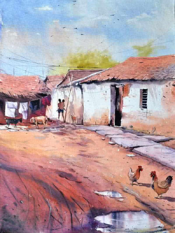 Landscape watercolor painting titled 'Village Secnic', 30x22 inches, by artist Amit Kapoor on Handmade Paper