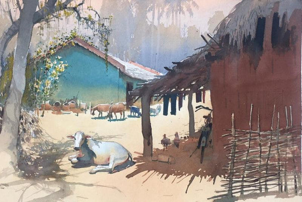Landscape watercolor painting titled 'Village Series 2', 14x22 inches, by artist Bijay Biswaal on Paper