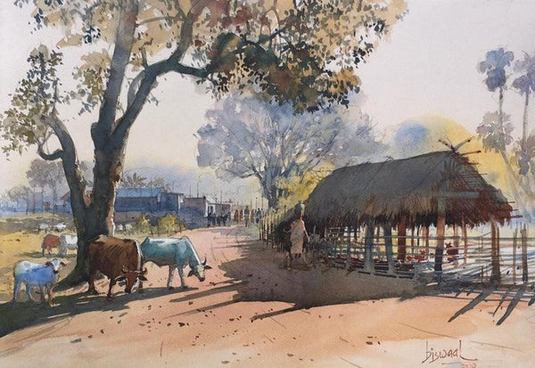 Landscape watercolor painting titled 'Village Series 4', 14x22 inches, by artist Bijay Biswaal on Paper