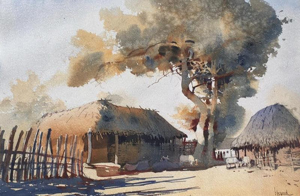 Landscape watercolor painting titled 'Village Series 5', 14x22 inches, by artist Bijay Biswaal on Paper