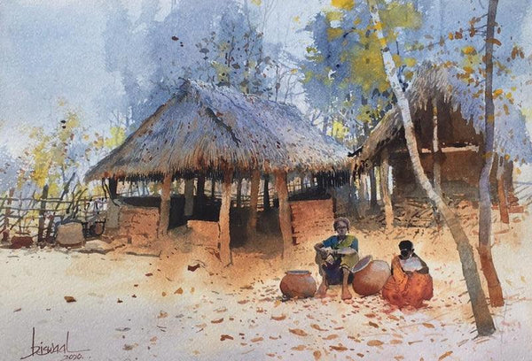 Landscape watercolor painting titled 'Village Series 7', 14x22 inches, by artist Bijay Biswaal on Paper