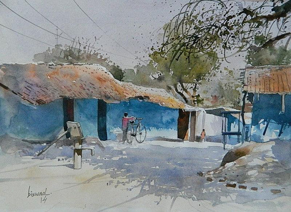 Cityscape watercolor painting titled 'Village Side', 11x16 inches, by artist Bijay Biswaal on Paper