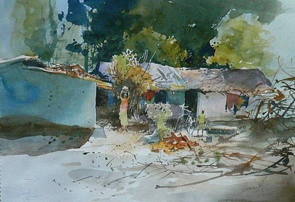 Cityscape watercolor painting titled 'Village Side II', 11x16 inches, by artist Bijay Biswaal on Paper