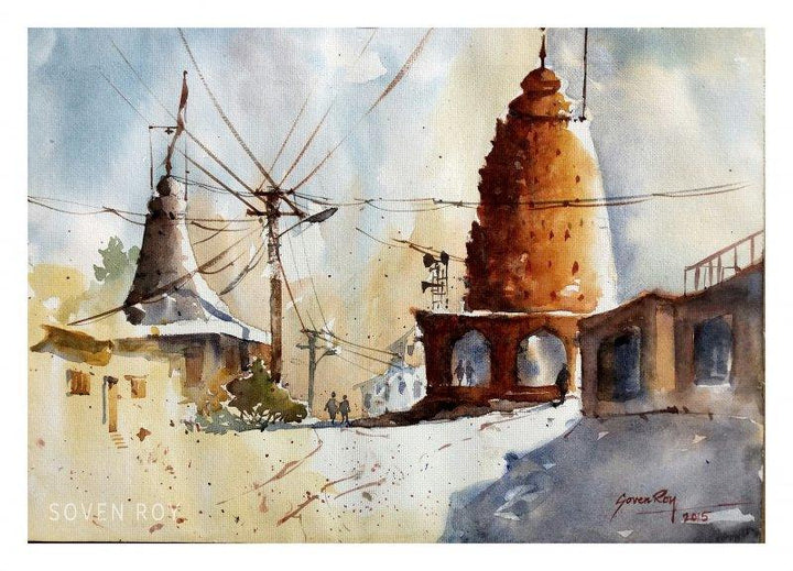 Landscape watercolor painting titled 'Village Temple', 14x10 inches, by artist Soven Roy on Paper