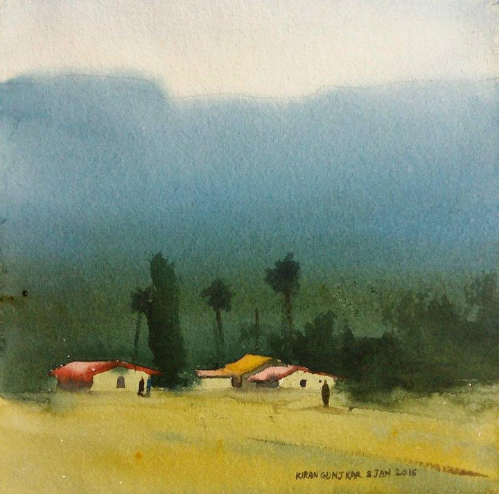 Landscape watercolor painting titled 'Village Under Mountains', 10x10 inches, by artist Kiran Gunjkar on Handmade Paper