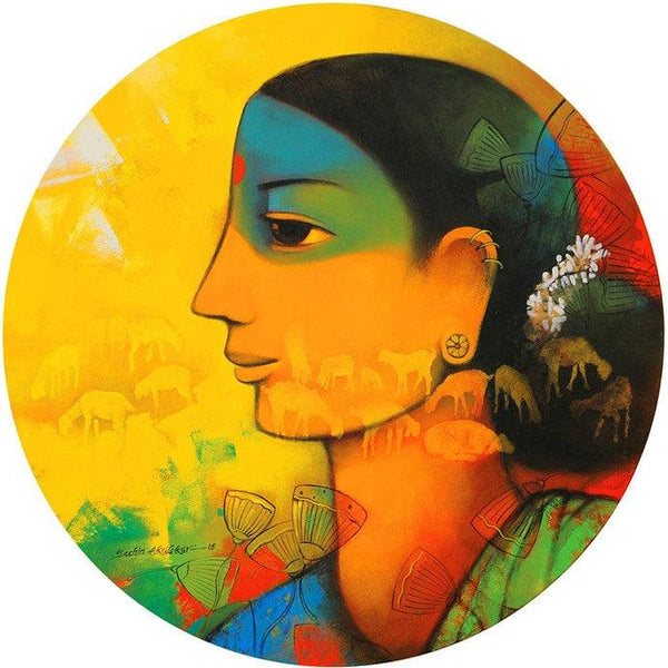 Figurative acrylic painting titled 'Village Woman', 24x24 inches, by artist Sachin Akalekar on Canvas