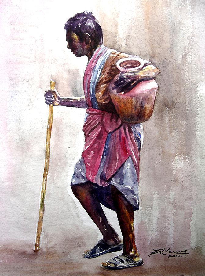 Figurative watercolor painting titled 'Village Women', 15x11 inches, by artist SRV ARTIST on Handmade Paper