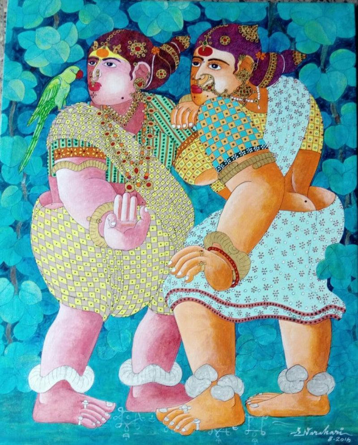 Figurative acrylic painting titled 'Village Women with Parrot 4', 30x24 inches, by artist Bhawandla Narahari on Canvas