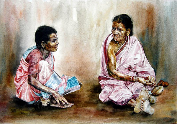 Figurative watercolor painting titled 'Village Womens', 22x15 inches, by artist SRV ARTIST on Handmade Paper