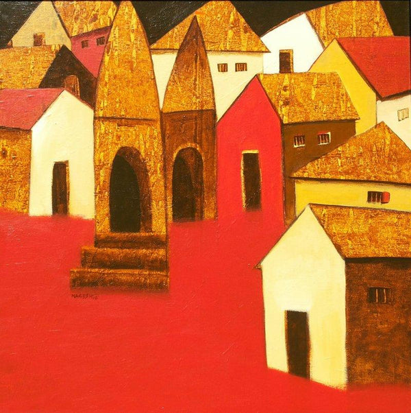 Landscape acrylic painting titled 'Village2', 24x24 inches, by artist Nagesh Ghodke on Canvas