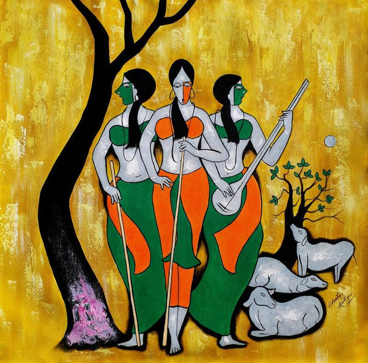 contemporary acrylic painting titled 'Villager 2', 36x36 inches, by artist Chetan Katigar on Canvas