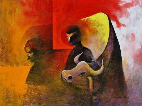 Figurative acrylic painting titled 'Villager and the Cow', 48x36 inches, by artist Narayan Shelke on Canvas